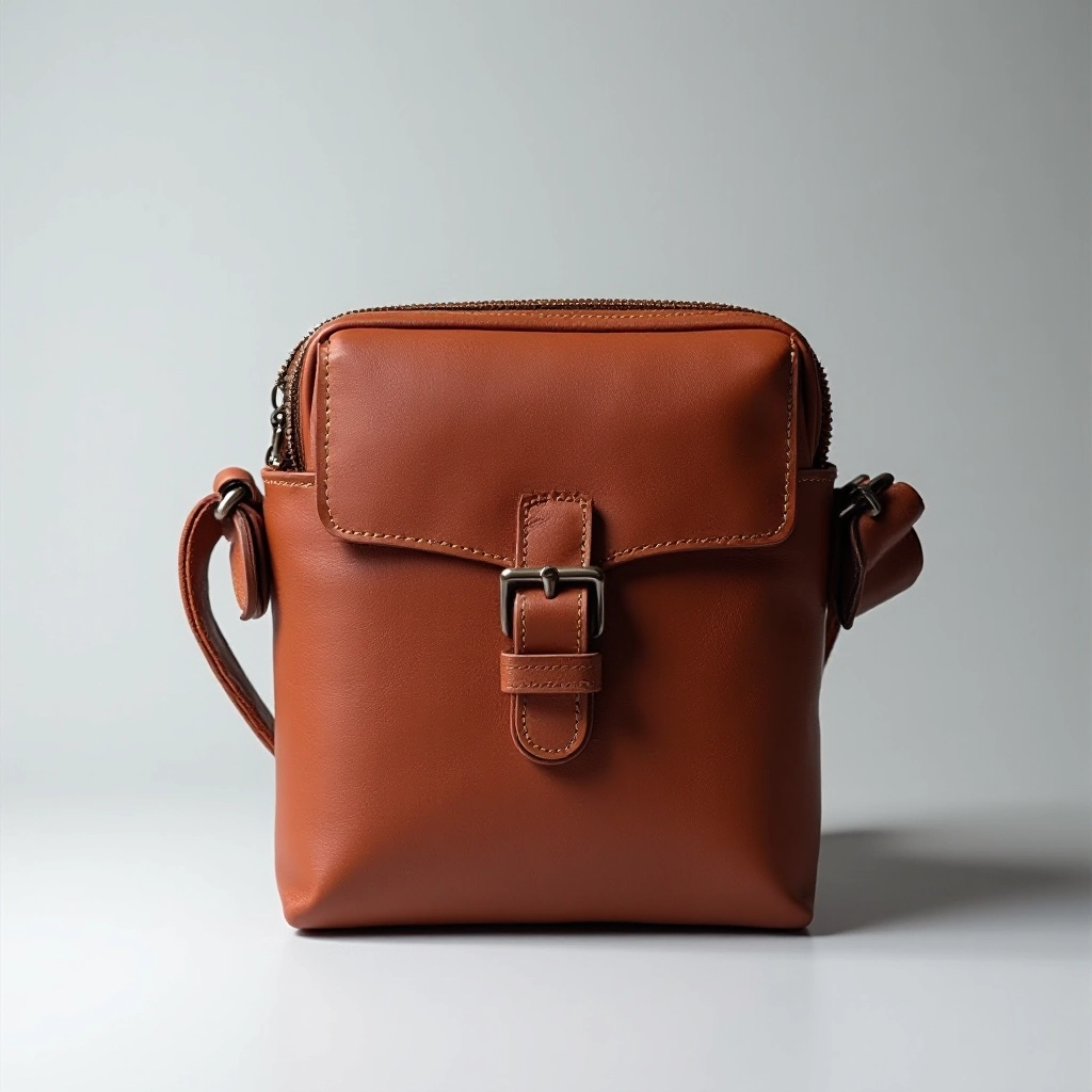 Cognac brown leather belt pouch with secure hardware and attachment loops, professional product shot on light grey background