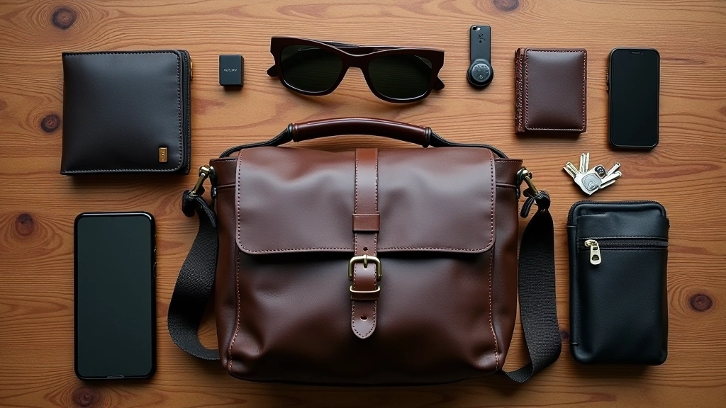Flat lay product photography showing messenger bag with accessories arranged artfully, natural lighting from above