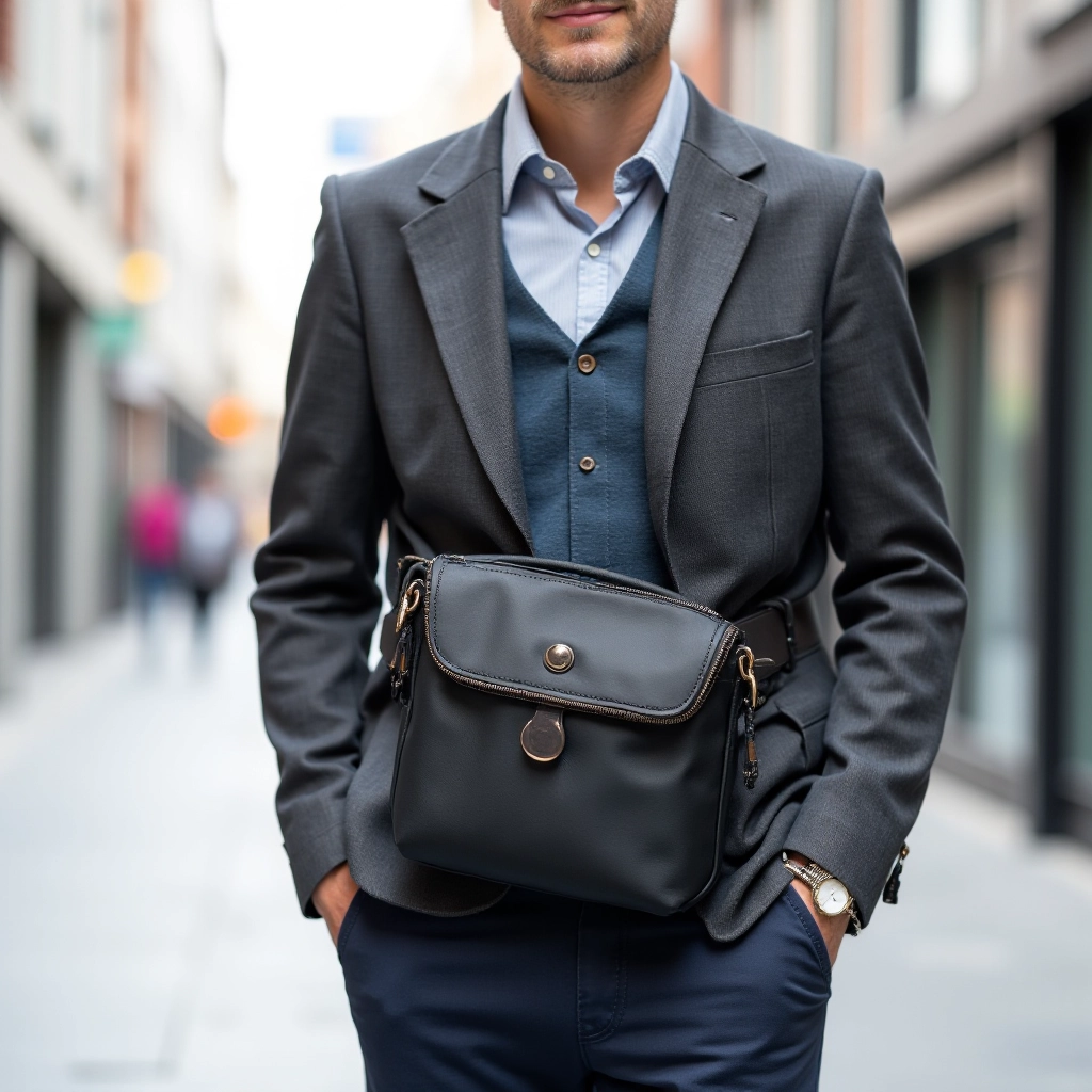 Commuter crossbody bag worn on person walking through urban street, showing sternum strap in use and practical hands-free positioning during active commute