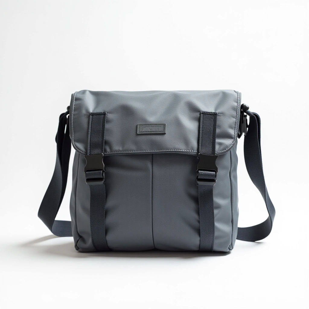 Slate grey ballistic nylon crossbody bag with sternum strap and weatherproof design, professional product photography on white background